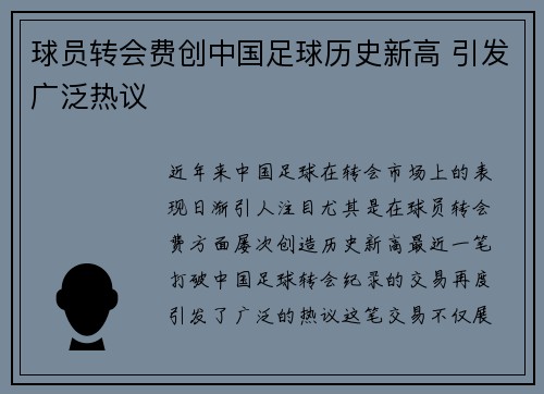 球员转会费创中国足球历史新高 引发广泛热议