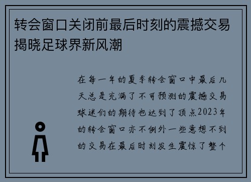 转会窗口关闭前最后时刻的震撼交易揭晓足球界新风潮