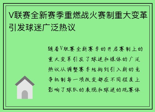 V联赛全新赛季重燃战火赛制重大变革引发球迷广泛热议