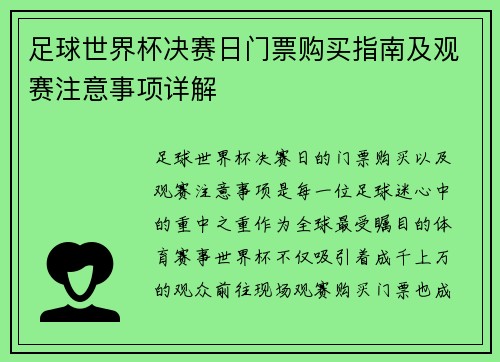 足球世界杯决赛日门票购买指南及观赛注意事项详解
