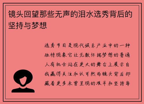 镜头回望那些无声的泪水选秀背后的坚持与梦想